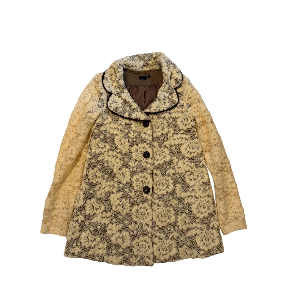 Ryu Cream Floral Lace Peter Pan Collar Coat Brown Piping Romantic Boho Small